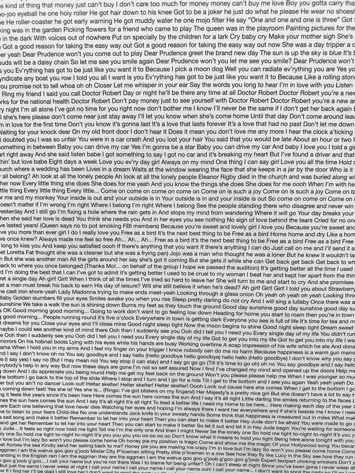 Daniel Eatock, "Beatles Lyrics (in alphabetical order by song title)" Print, 2011